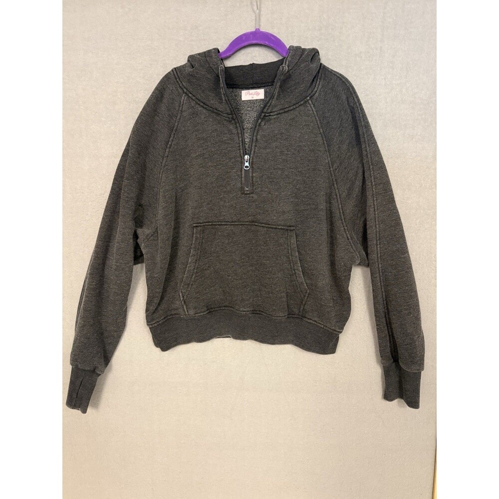 Pink Lily Acid Wash Charcoal Grey Half-Zip Cropped Hoodie Pullover Sweatshirt